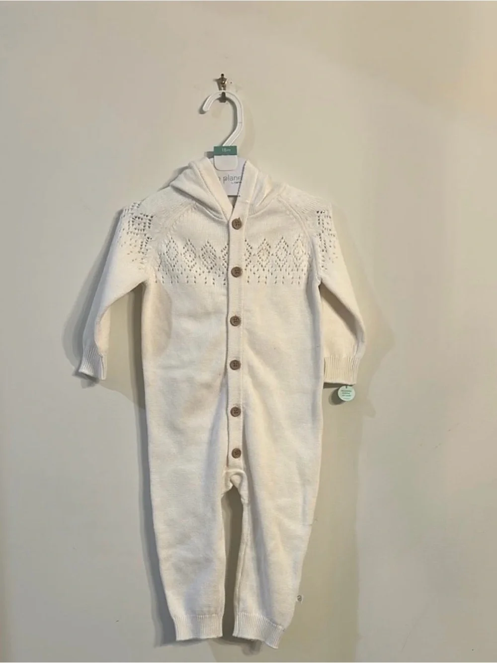 Carter's “Little Planet” Cream Hooded Knit Cardigan with Eyelet Diamond Pattern